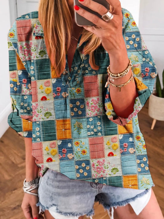 Trendsi Patchwork Print Notched Long Sleeve Blouse