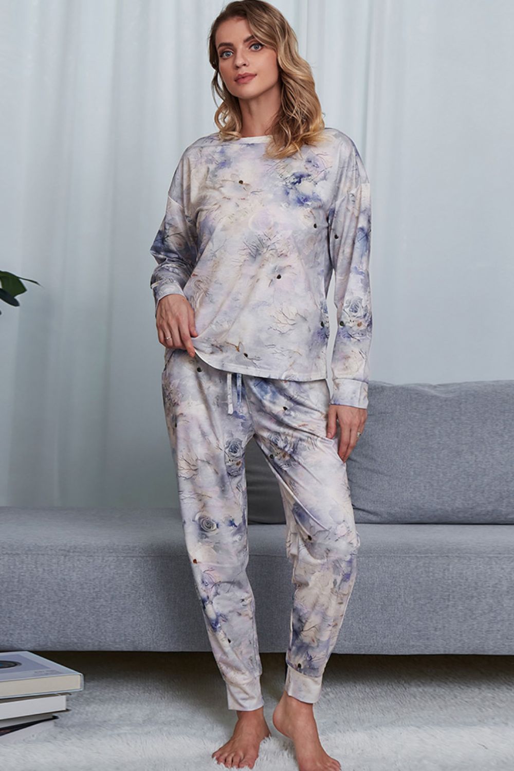 Shiny Tie-Dye Crewneck Top and Drawstring Waist Joggers Lounge Set Light Blue Easy Apparels