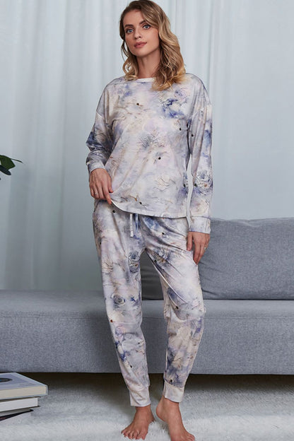 Shiny Tie-Dye Crewneck Top and Drawstring Waist Joggers Lounge Set Light Blue Easy Apparels