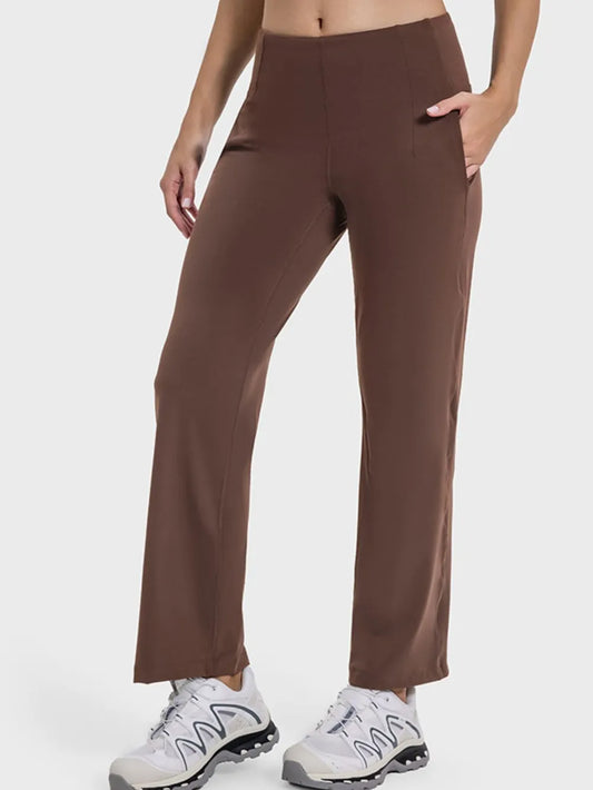 Millennia Pocketed High Waist Active Pants Brown Easy Apparels