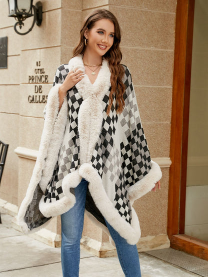 Checkered Faux Fur Trim Poncho Easy Apparels