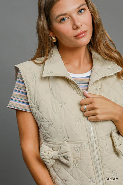 Umgee Sleeveless Quilted Vest with Bow Details Easy Apparels