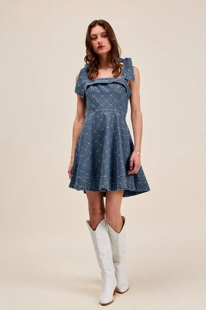 SO ME A Line Fit and Flare Diamond Bow Ribbon Denim Dres DENIM Easy Apparels