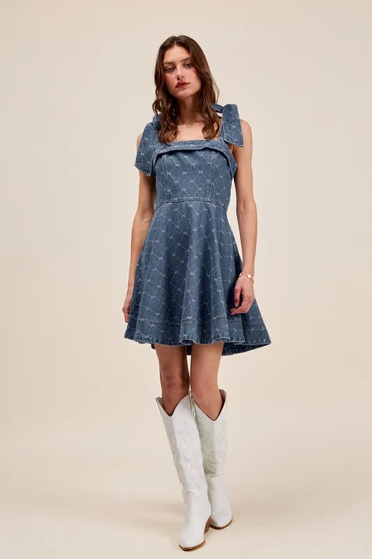 SO ME A Line Fit and Flare Diamond Bow Ribbon Denim Dres DENIM Easy Apparels