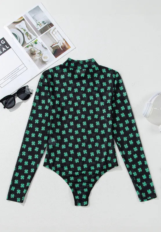 Trendsi Lucky Clover Mock Neck Long Sleeve Bodysuit