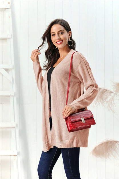 Cable-Knit Open Front Long Sleeve Cardigan Easy Apparels
