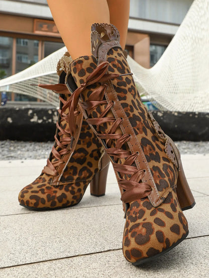 Lace Up Block Heels Boots Leopard Brown Easy Apparels