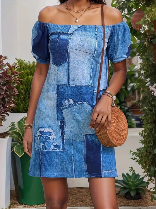 Patchwork Off Shoulder Denim Mini Dress Royal Blue Easy Apparels