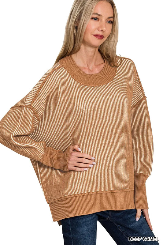 Trendsi Zenana Exposed Seam Two Tone Ribbed Sweater DEEP CAMEL