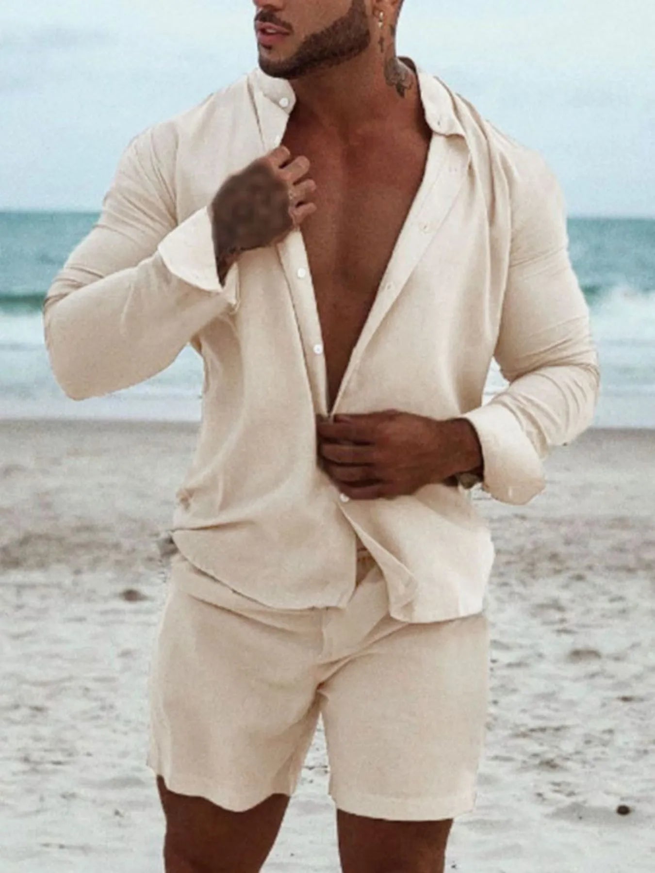 Men's Full Size Button Up Long Sleeve Shirt and Shorts Set Plus Size Apricot Easy Apparels