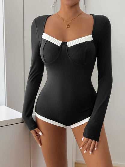 Trendsi Perfee Ribbed Contrast Long Sleeve Bodysuit