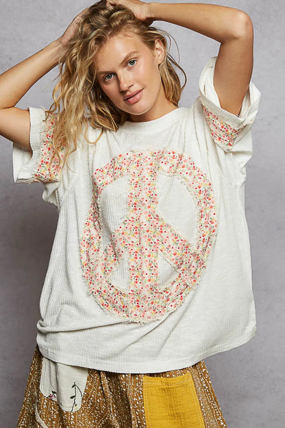 Trendsi POL Floral Peace Patch Drop Shoulder T-Shirt
