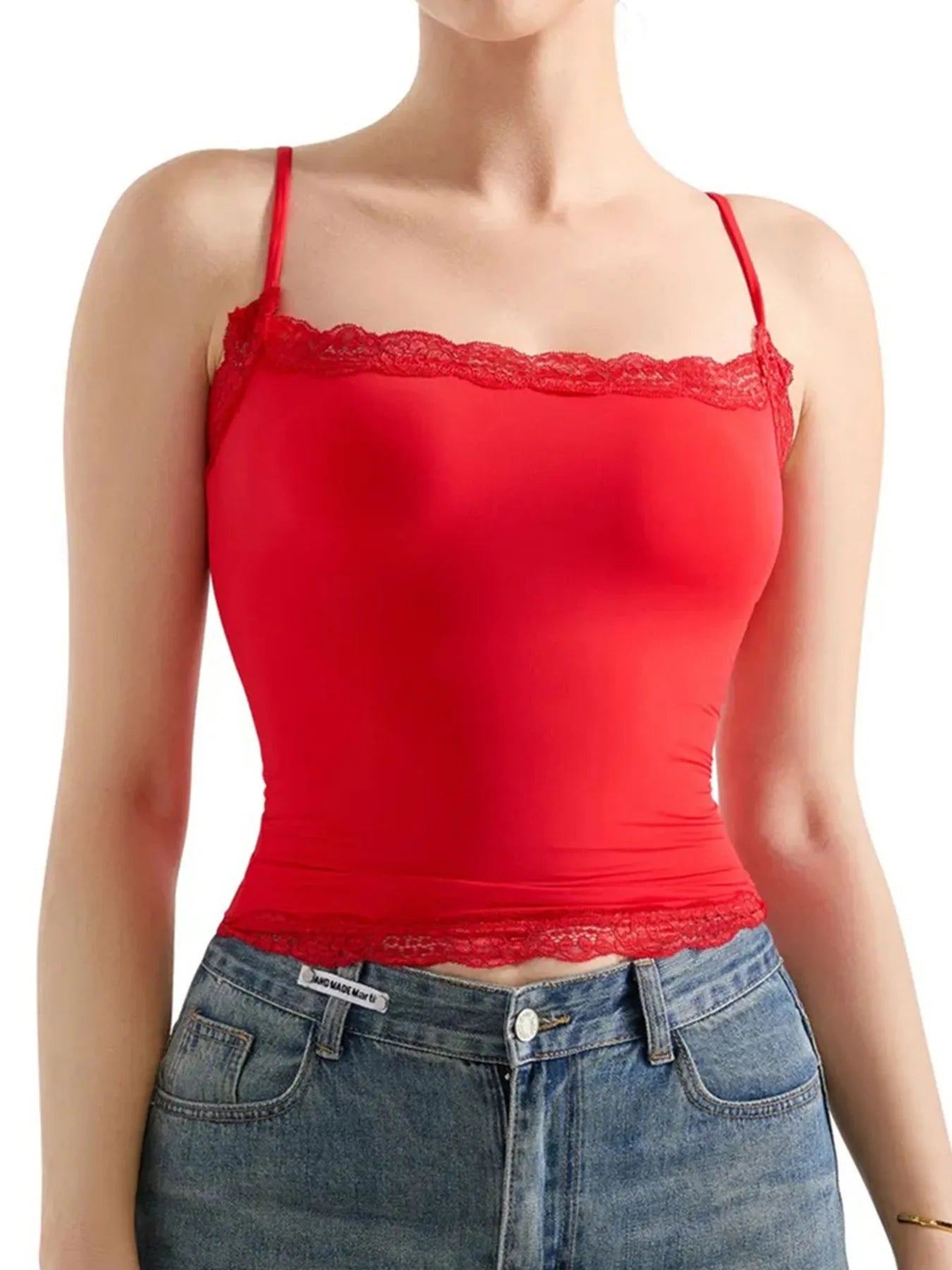 Trendsi Lace Trim Cami Top Red
