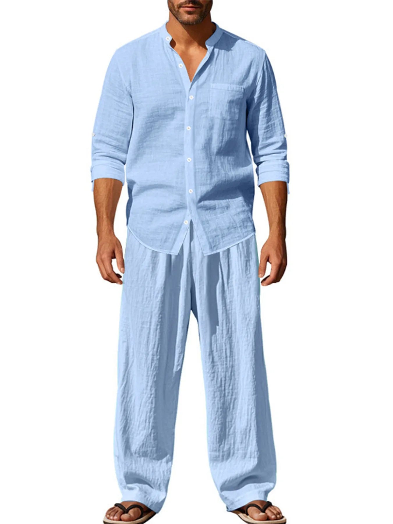 Men's Full Size Button Up Shirt and Pants Set Plus Size Light Blue Easy Apparels