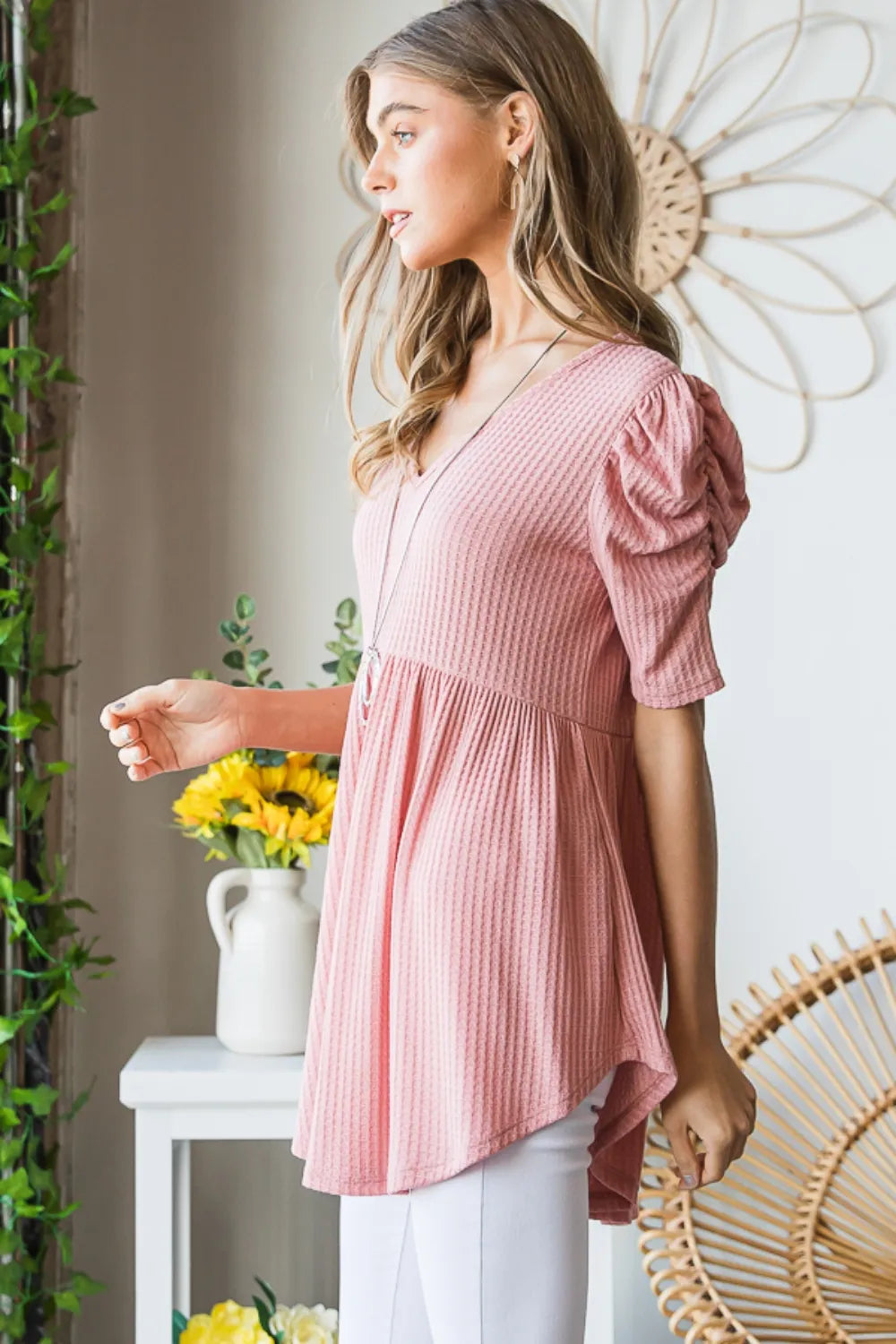 Trendsi Heimish Full Size Waffle Knit V-Neck Babydoll Top
