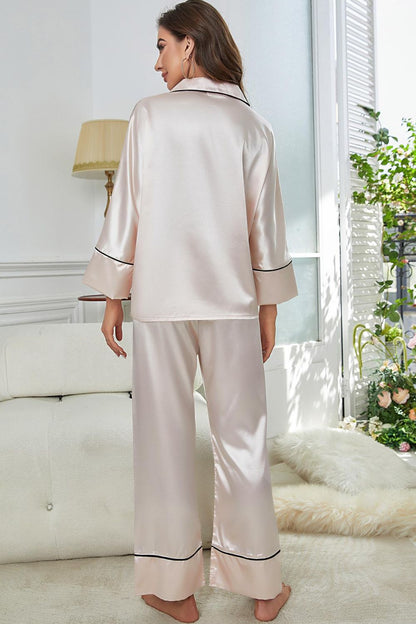 Contrast Piping Button-Up Top and Pants Pajama Set Easy Apparels