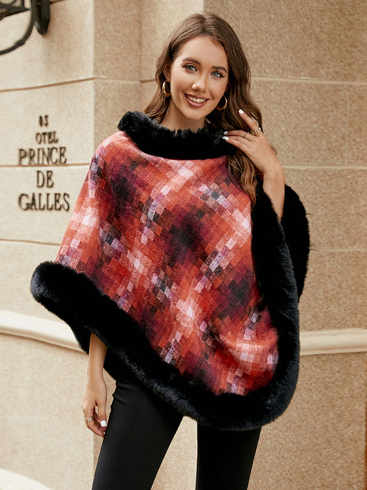 Faux Fur Trim Poncho Red Orange One Size Easy Apparels