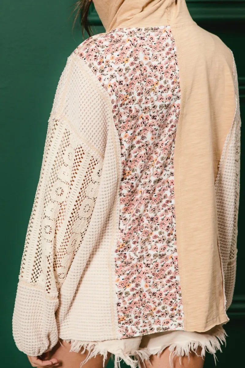 Trendsi BiBi Slub Jersey with Lace Combo Buttoned Hoodie Top