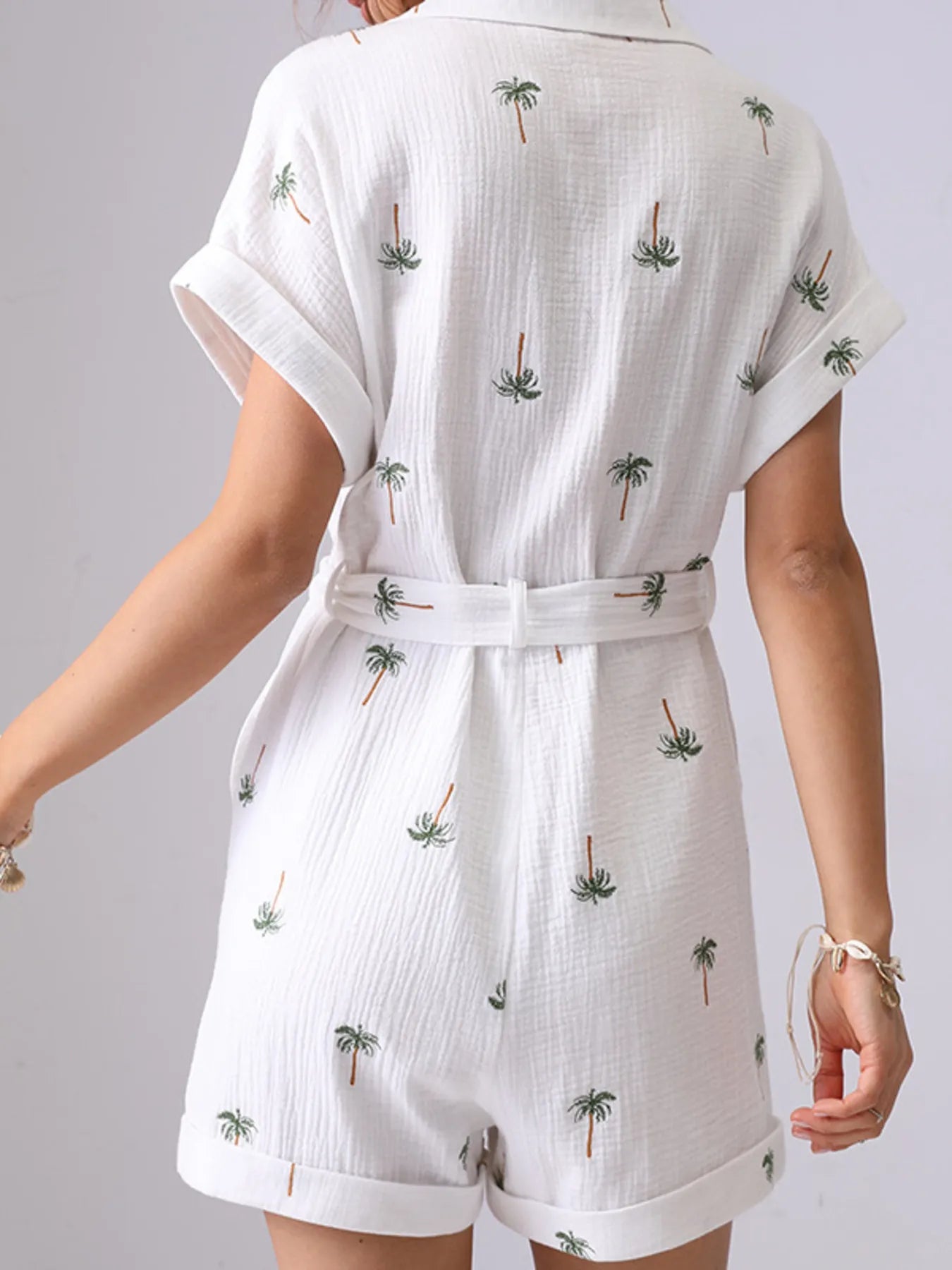 Palm Tree Print Short Sleeve Button-Up Romper with Belt Easy Apparels