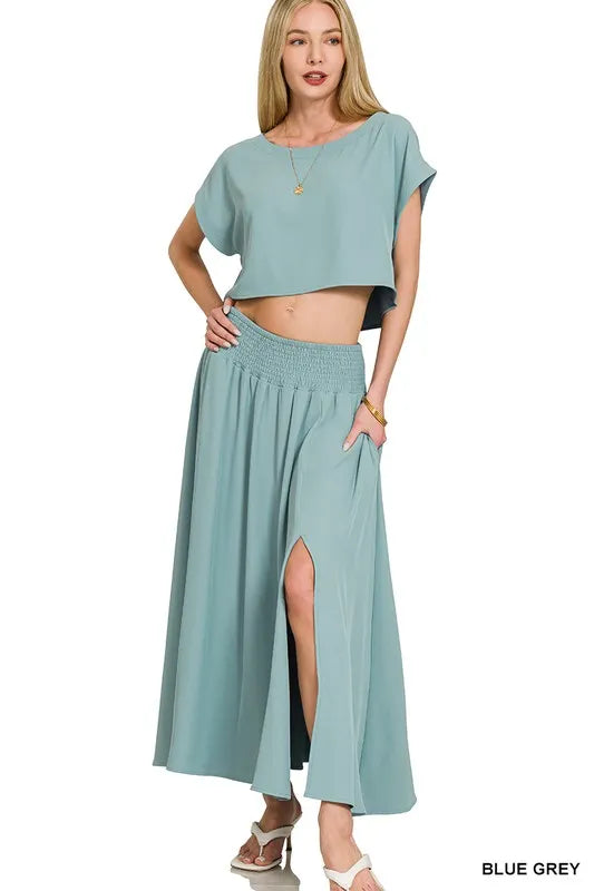 Zenana Heavy Woven Span Crop Tee & Skirt Set Easy Apparels