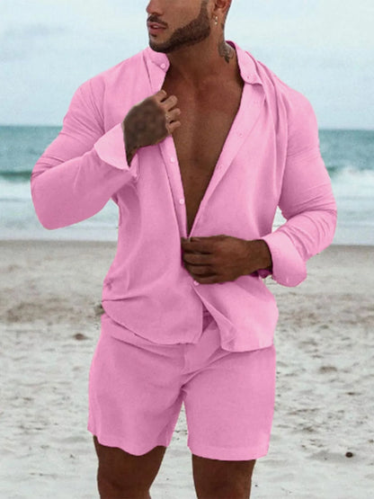 Men's Full Size Button Up Long Sleeve Shirt and Shorts Set Plus Size Easy Apparels