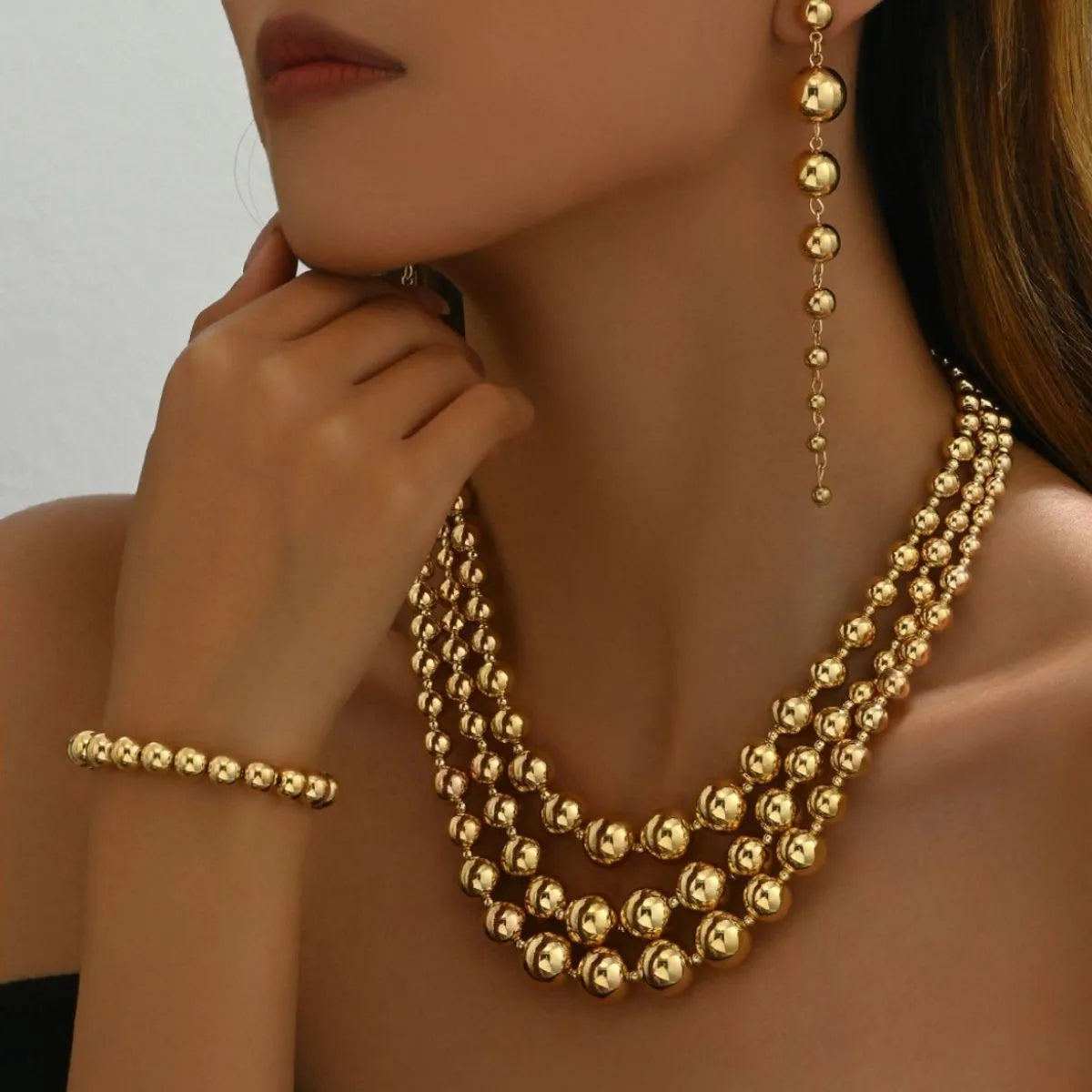 18K Stainless Steel Beaded Multi-Layered Necklace Bracelet Earrings Jewelry Set Easy Apparels