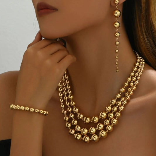 18K Stainless Steel Beaded Multi-Layered Necklace Bracelet Earrings Jewelry Set Easy Apparels