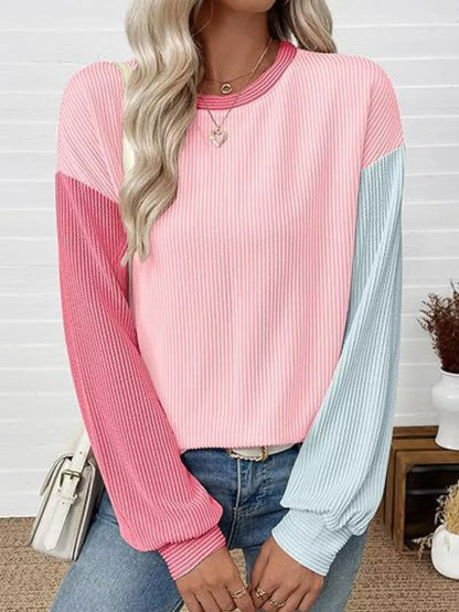 Trendsi Color Block Ribbed Long Sleeve T-Shirt Pink Light blue