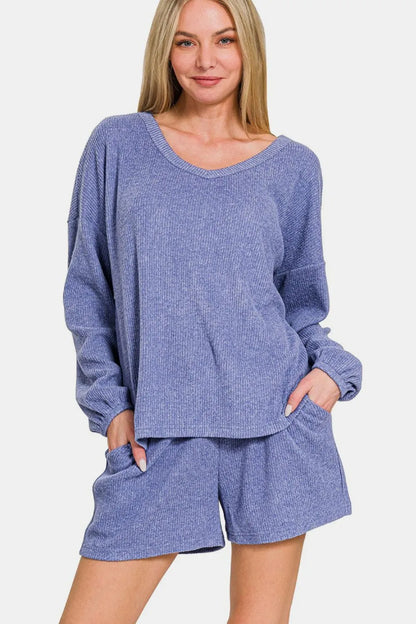 Zenana V-Neck Long Sleeve Ribbed Top and Shorts Set Blue Purple Easy Apparels