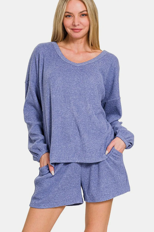 Zenana V-Neck Long Sleeve Ribbed Top and Shorts Set Blue Purple Easy Apparels