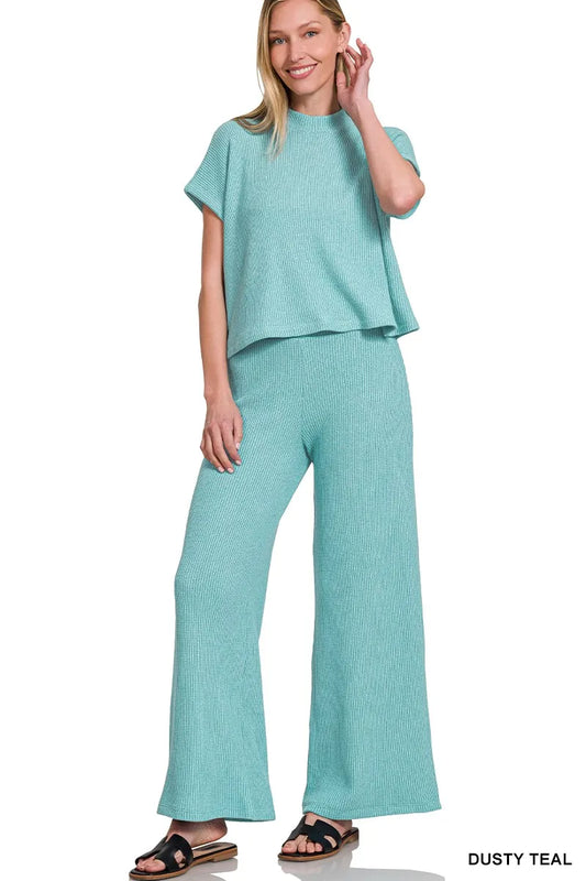 Zenana Sweater Boxy Top & Long Pants Set DUSTY TEAL Easy Apparels