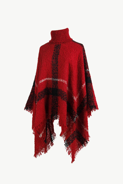 Plaid Turtleneck Raw Hem Poncho Easy Apparels