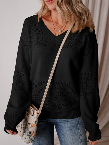 Trendsi Eyelet Deatil V-Neck Long Sleeve Sweater