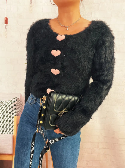 Fuzzy Heart Shape Button-Up Cardigan Easy Apparels