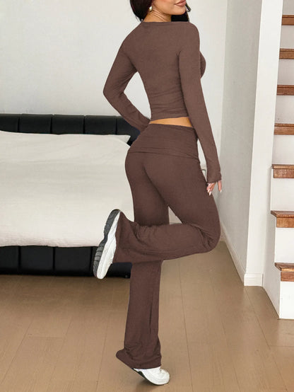 Long Sleeve Crop Top and Bootcut Pants Set Easy Apparels