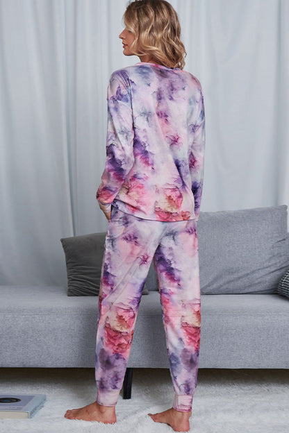 Shiny Tie-Dye Crewneck Top and Drawstring Waist Joggers Lounge Set Easy Apparels