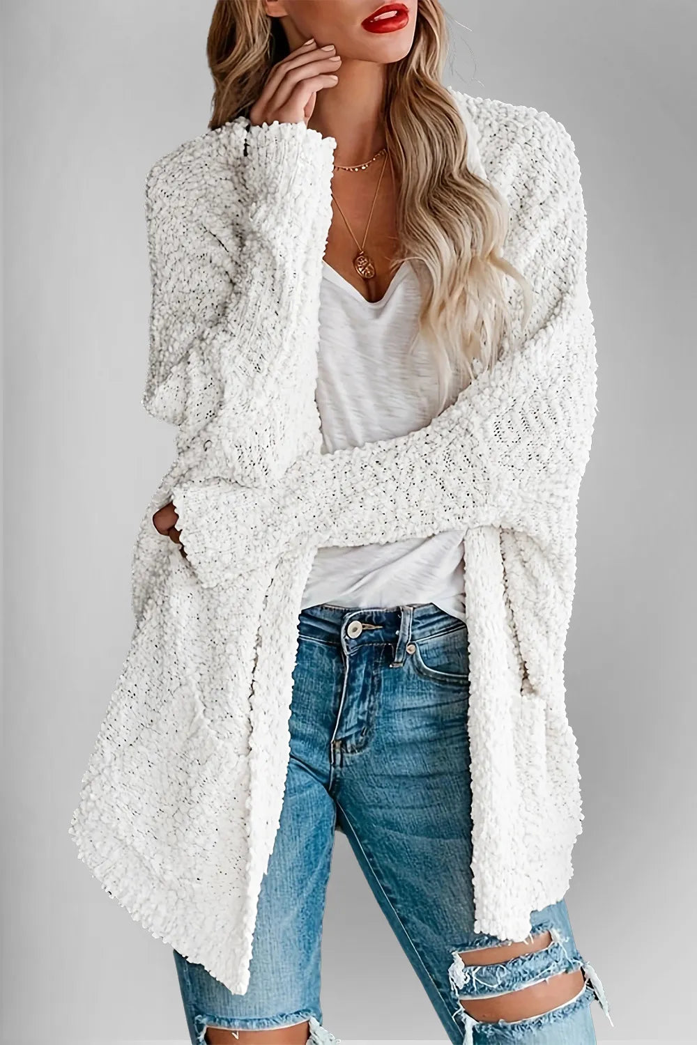 Double Take Pocketed Open Front Long Sleeve Cardigan White Easy Apparels