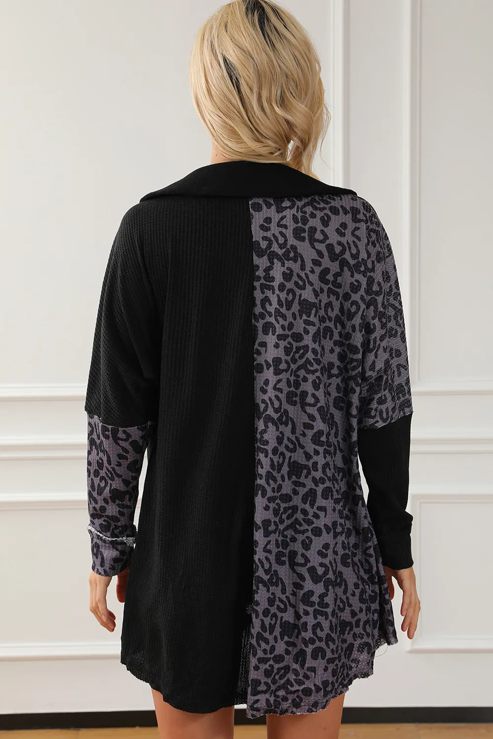 Trendsi Half Button Leopard Collared Neck Blouse