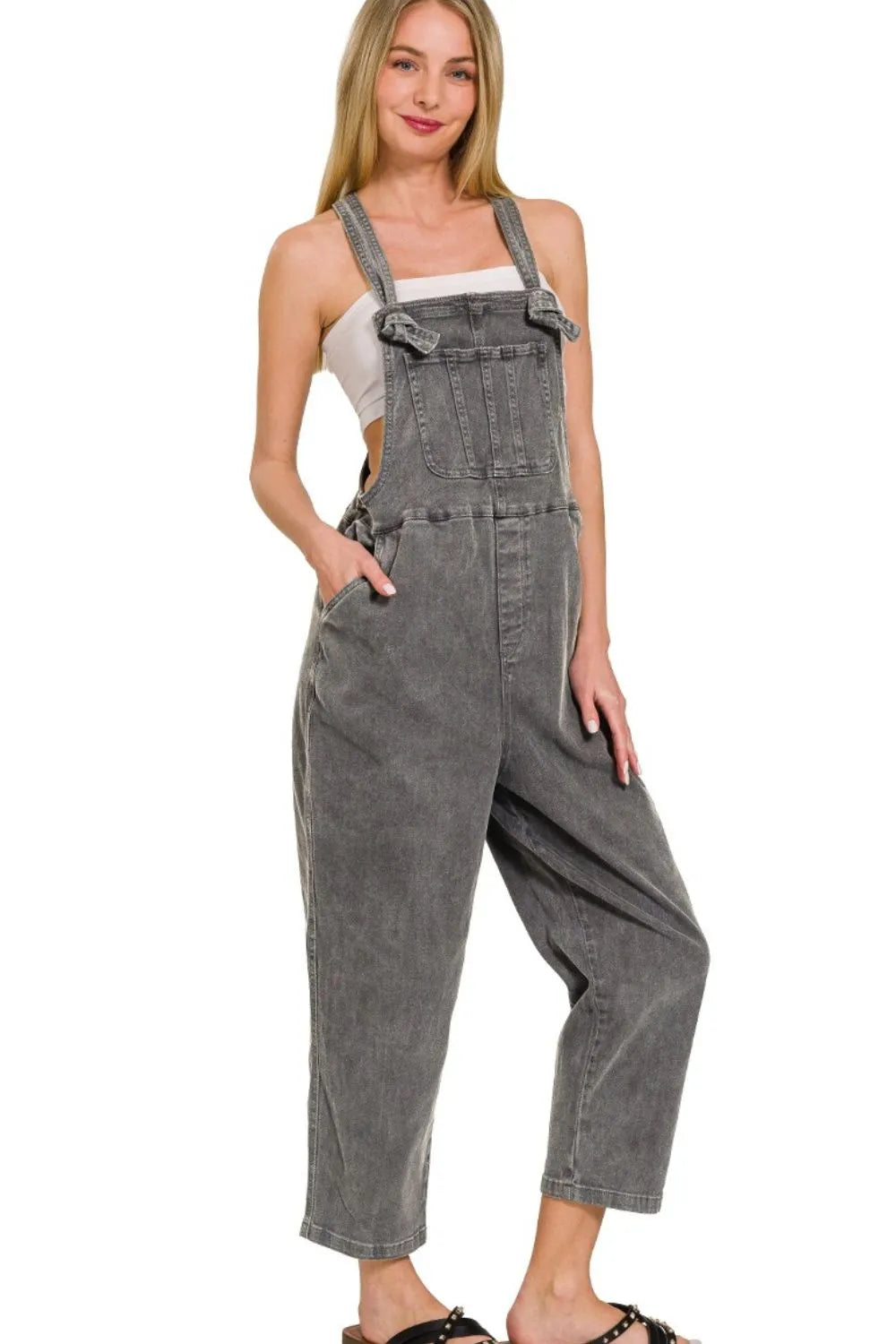 Zenana Washed Knot Strap Relaxed Fit Overalls ASH BLACK Easy Apparels