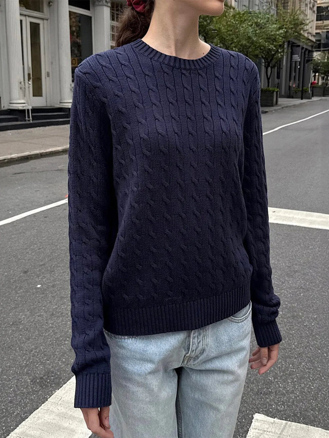 Trendsi Cable-Knit Round Neck Pullover Sweater Dark Blue