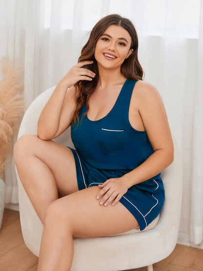 Plus Size Contrast Piping Racerback Tank and Shorts Lounge Set Easy Apparels