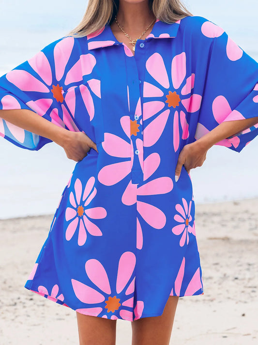 Summer Flower Print Shirt Collar Button Front Loose Romper Blue Easy Apparels