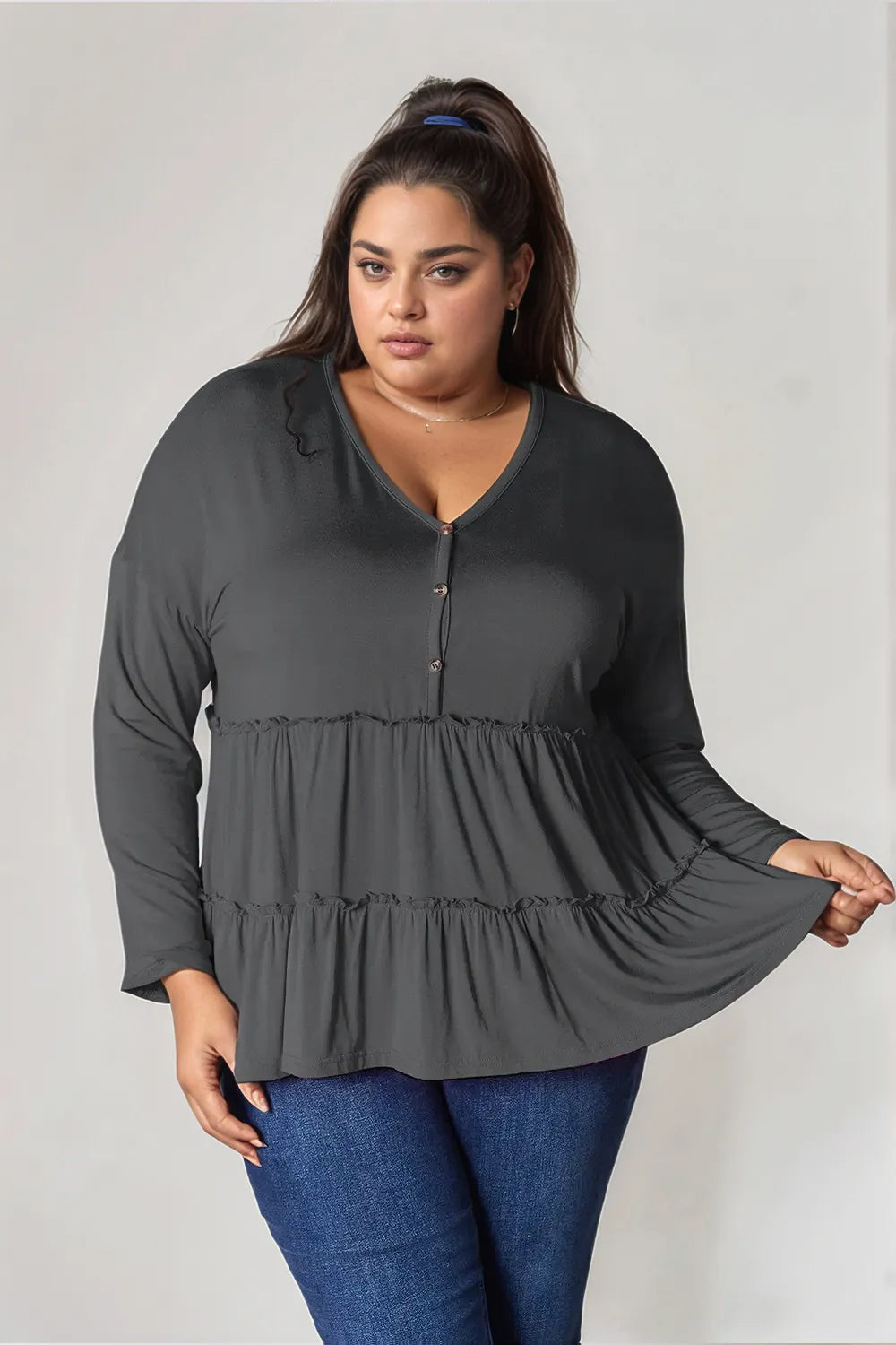 Trendsi Double Take Half Button Long Sleeve Ruffle Hem Blouse Dark Gray