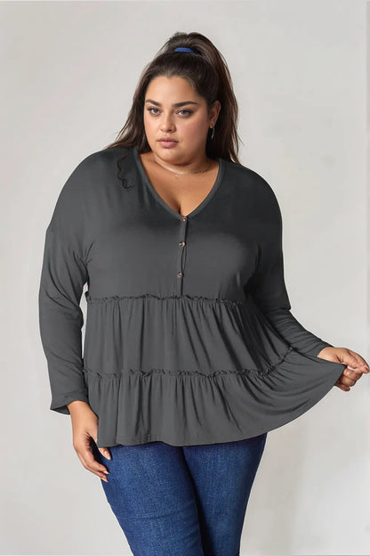 Trendsi Double Take Half Button Long Sleeve Ruffle Hem Blouse Dark Gray