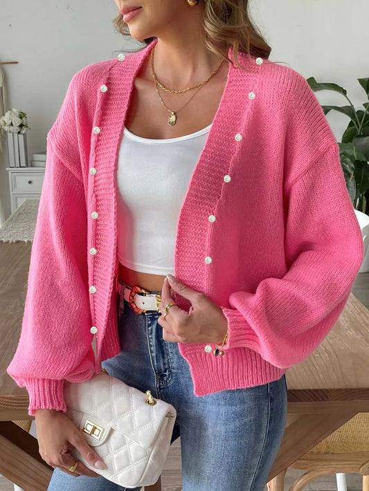 Pearl Open Front Long Sleeve Cardigan Fuchsia Pink Easy Apparels