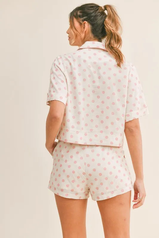 MABLE Polka Dot Collar Crop Top and Short Lounge Set Easy Apparels
