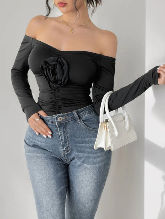 Trendsi Perfee Ruched Flower Off-Shoulder Long Sleeve Bodysuit Black