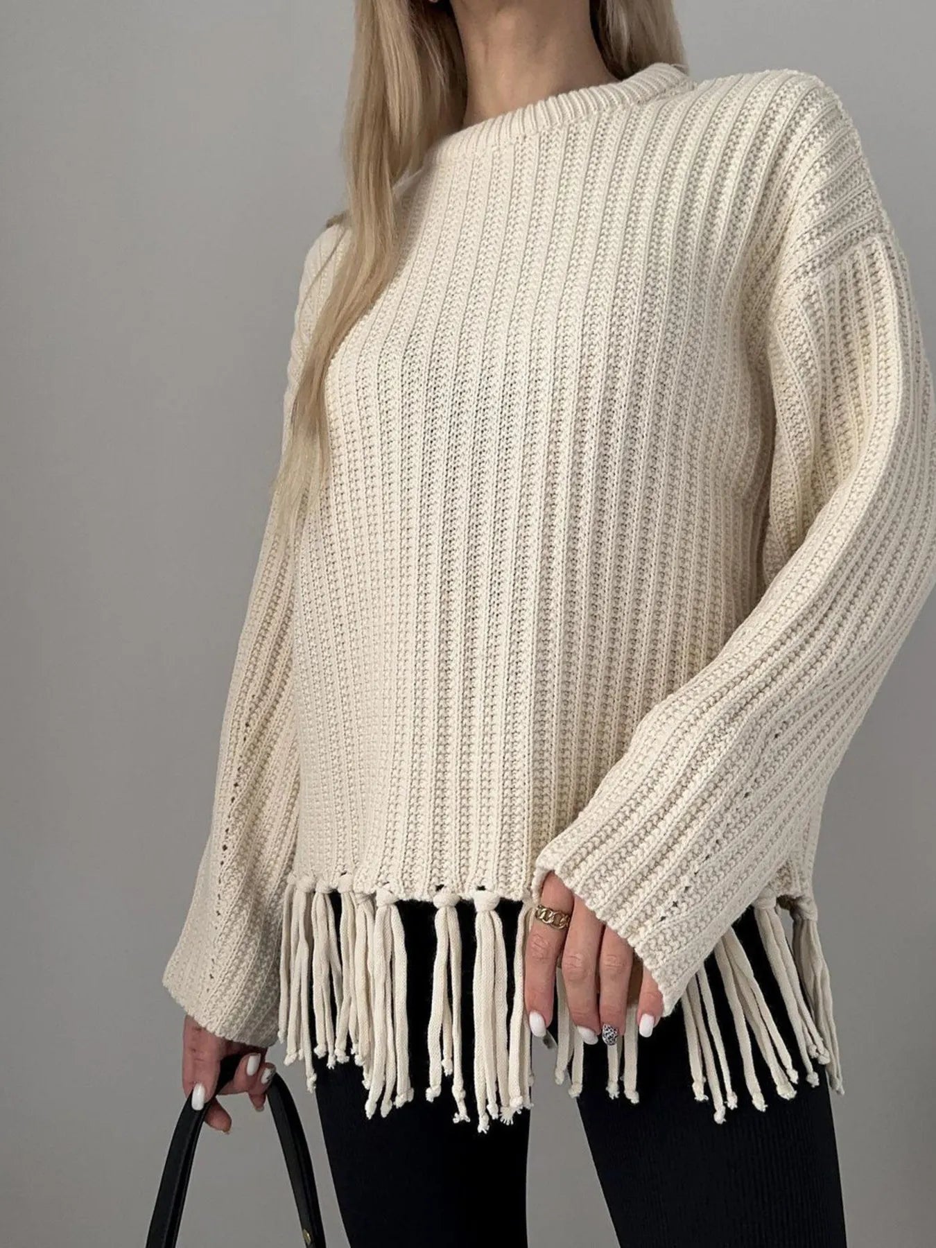 Trendsi Fringe Round Neck Long Sleeve Sweater