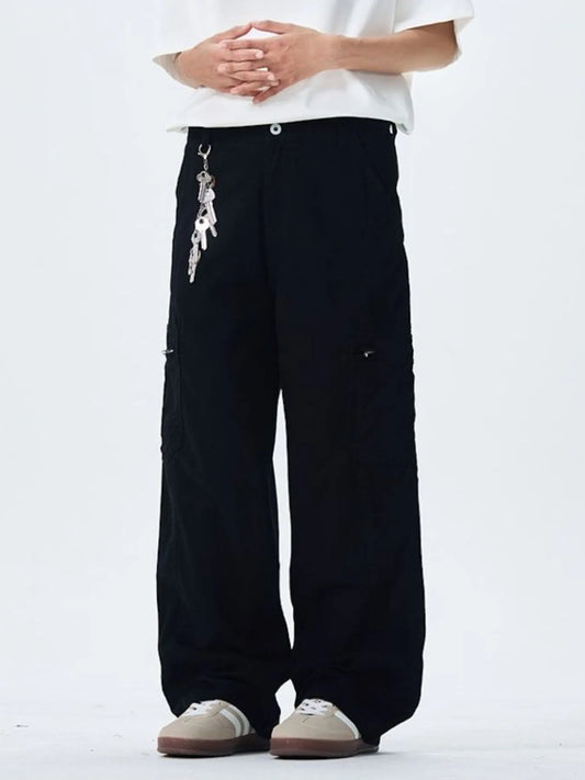 Men's Wide Leg Cargo Pants with Multi Pockets Black Easy Apparels