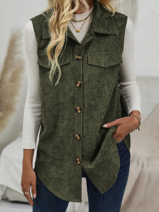 Button Up Collared Neck Vest Coat Army Green Easy Apparels